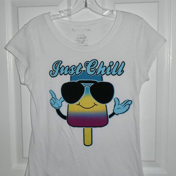 VINTAGE OLDER SO CUTE SMILY POPSICLE W/SHADES "JUST CHILL" SHORT SLEEVE SHIRT JR - Picture 1 of 2
